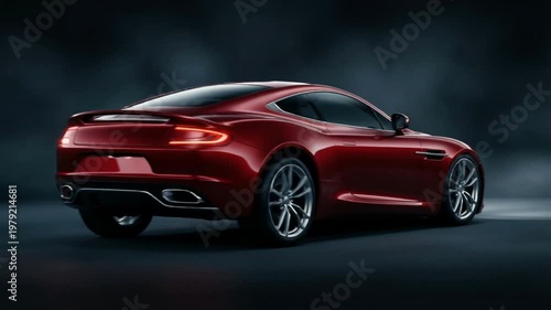 Red sports car on wet ground. It symbolizes speed and luxury. Sleek power.