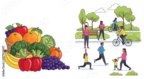 Healthy Lifestyle Choices - Fresh Fruits, Vegetables, and Outdoor Activities.