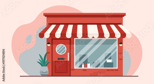 Red storefront with striped awning shop.