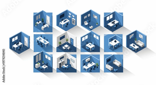Isometric collection of modern office spaces and meeting rooms with furniture and decor, presented in a clean, minimalist style.
