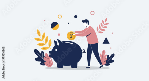 Man putting coin into piggy bank.