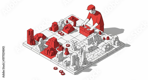 Man playing with a miniature city model, building and designing urban landscapes with blocks.