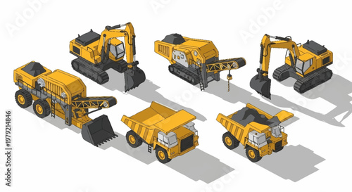 Collection of isometric construction vehicles including excavators, dump trucks, and a conveyor belt machine on a white background.