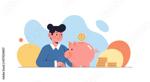 Woman Putting Money into Piggy Bank.