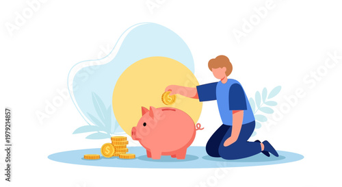 Man putting coin into piggy bank.
