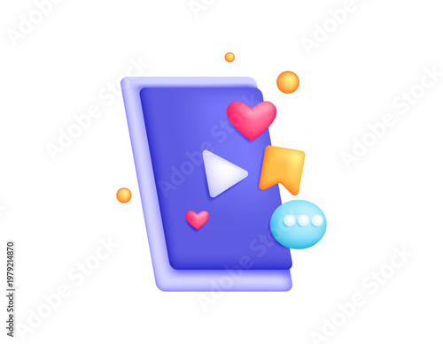 3d style illustration of a video with like, save, and comment symbols. Concept of short video content, viewing, streaming, social media. Entertainment and content that audiences enjoy. Icon, element, 