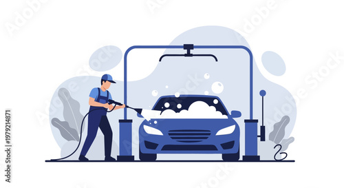 Man washing a blue car.