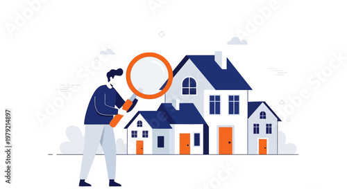 Man holding magnifying glass inspecting house.