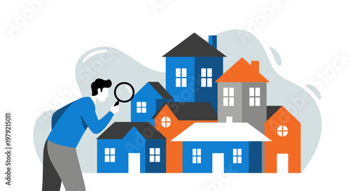 Man Examining Small Colorful House Models.