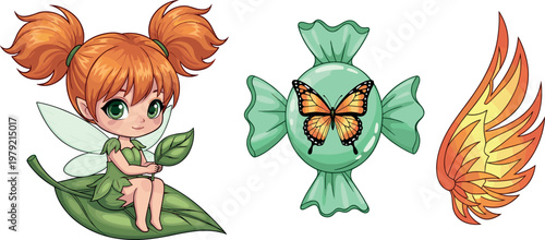 Cute fantasy fairy character with butterfly candy and flaming wing elements cartoon magical illustration set for kids design