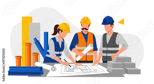 Construction workers reviewing building plans.