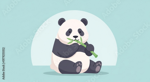 Cute panda bear eating bamboo shoots on a light blue background with white semicircle