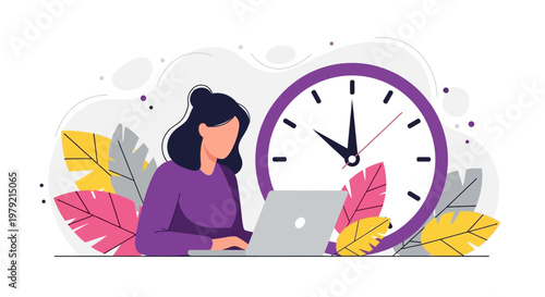 Woman working on laptop computer.