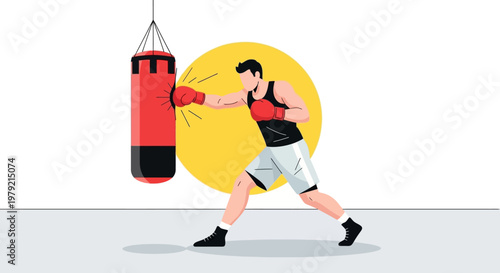 Man Punching Red Boxing Training Bag.