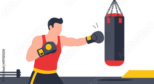 Man Wearing Boxing Gloves Punching Bag.