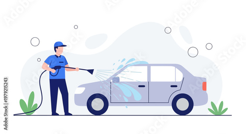 Man washing a car with hose.