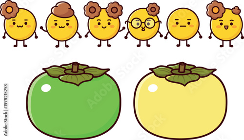 Cute persimmon fruit characters vector illustration with kawaii cartoon faces and whole persimmons in green and yellow isolated