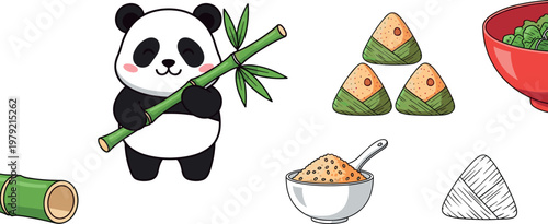 Cute panda eating bamboo with rice and onigiri vector illustration set featuring cartoon character and Japanese food elements isolated