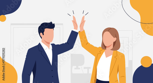 Businessman and businesswoman high five.