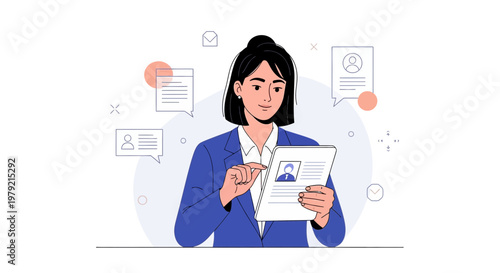 Businesswoman reviewing documents on tablet, recruitment, HR, job search, professional illustration