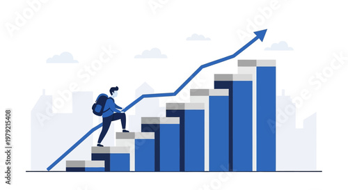 Businessman climbing growth graph stairs.