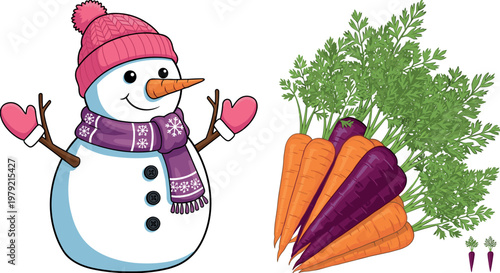Cute snowman character with winter clothes and fresh carrot bunch vector illustration seasonal holiday and vegetable concept isolated