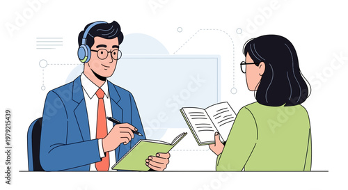 Business meeting with headphones and books, online collaboration, remote work concept