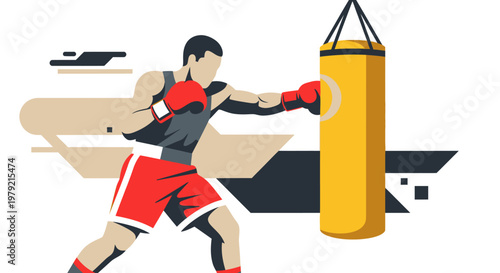 Young Man Punching Boxing Bag Hard.