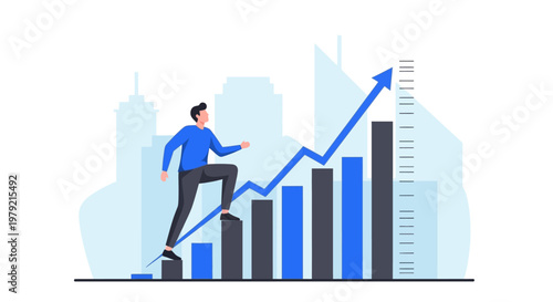 Businessman climbing growth graph upward trend.
