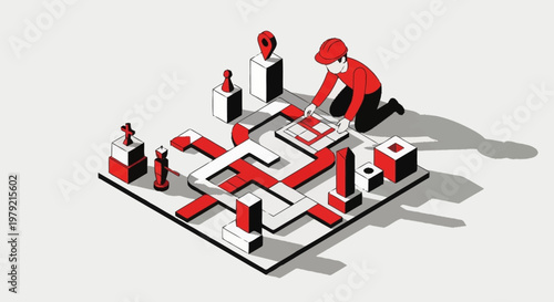 A person arranging map pins and abstract shapes on a grid, symbolizing navigation and planning.