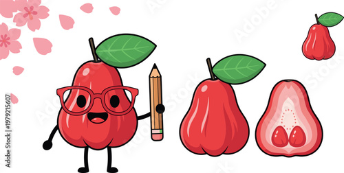 Cute wax apple mascot character with pencil and fruit set including whole and sliced rose apple cartoon vector illustration