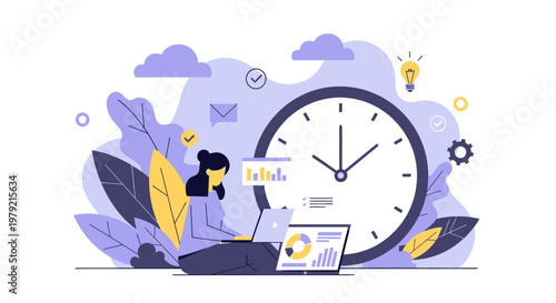 Woman Working on Laptop with Clock.
