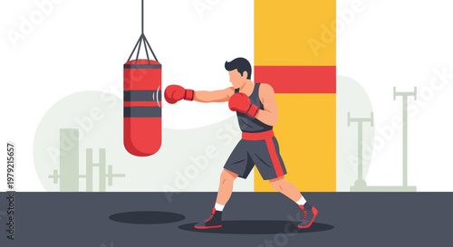 Man wearing boxing gloves punching bag.