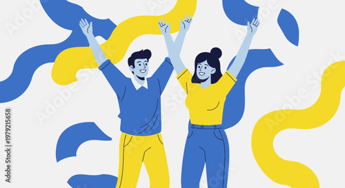 Two people celebrating with raised arms.