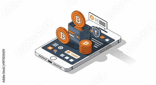 Digital cryptocurrency wallet on a smartphone displaying Bitcoin coins and security icons, representing online finance and investment.