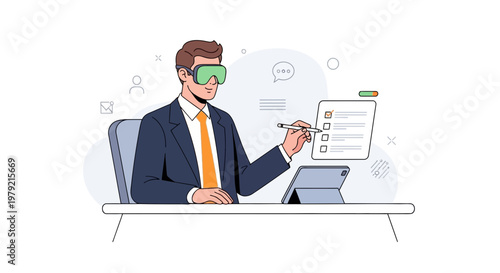 Businessman using VR headset for virtual reality checklist and tablet
