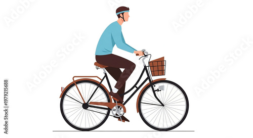 A person riding a vintage bicycle with a wicker basket side view