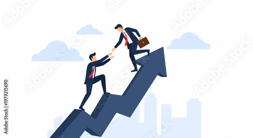 Businessman helping colleague on arrow graph.
