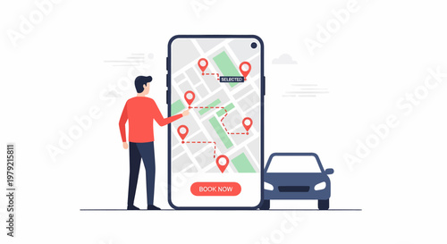 Man interacting with large smartphone map.