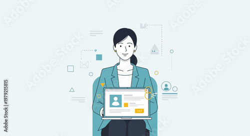 Businesswoman holding laptop with profile page, online recruitment, HR, digital CV, modern flat design