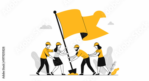 Four people holding a flag together.