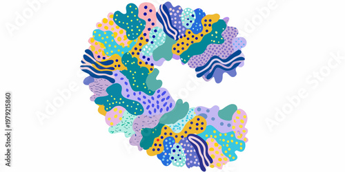 Abstract letter c composed of colorful patterned organic shapes