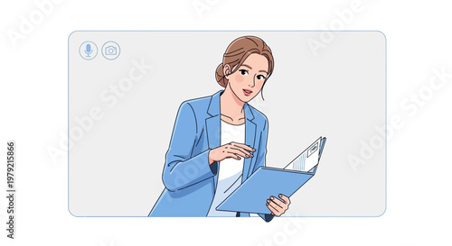 Businesswoman in video call holding folder, online meeting, remote work, professional communication