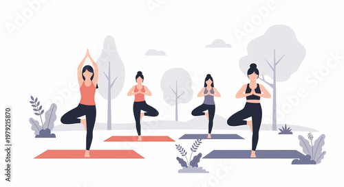 Women in yoga poses outdoors together.