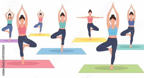 Women practicing yoga in tree pose.