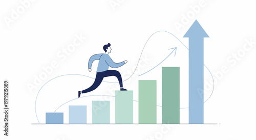 Businessman Running Up Growing Graph.