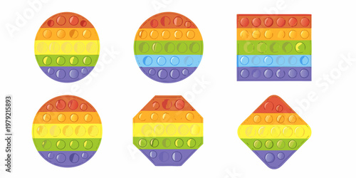 Colorful pop it fidget toys in various shapes arranged on white background