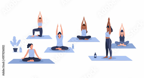 Women doing various yoga poses together.