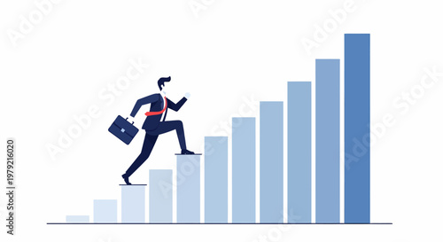 Businessman climbing growth graph stairs.