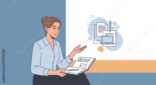 Businesswoman presenting project with laptop, documents, and charts in modern office